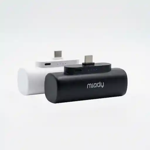 Miady 2-Pack 5000mAh Mini Portable Charger with Built-in USB-C connector, shown in black and white